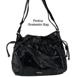 Perlina New York Black Faux Snakeskin Embossed‎ Hobo Shoulder Bag Y2K